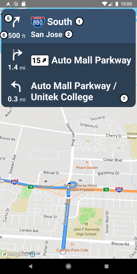 A Navigation UI displaying the primary maneuver, secondary maneuver, maneuver icons, step distance remaining, and upcoming maneuver list as described above.