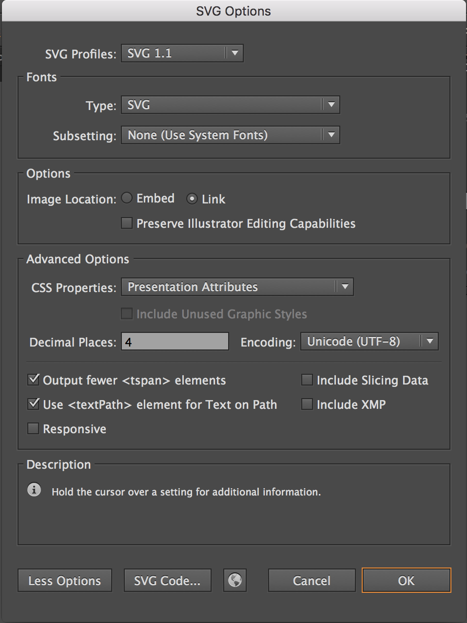 adobe illustrator SVG export settings