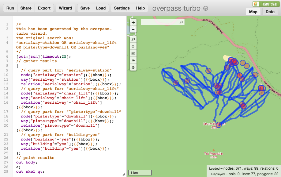 screenshot of OverpassTurbo querying ski features