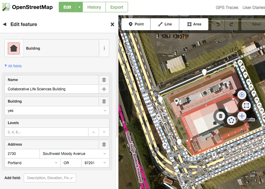 example of adding a building tag in OpenStreetMap