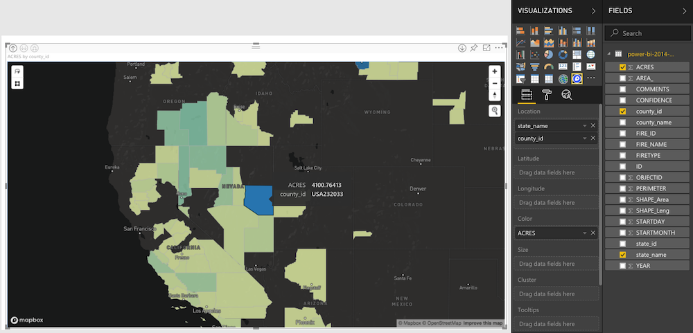 Screenshot showing a county-level choropleth visualization in Power BI