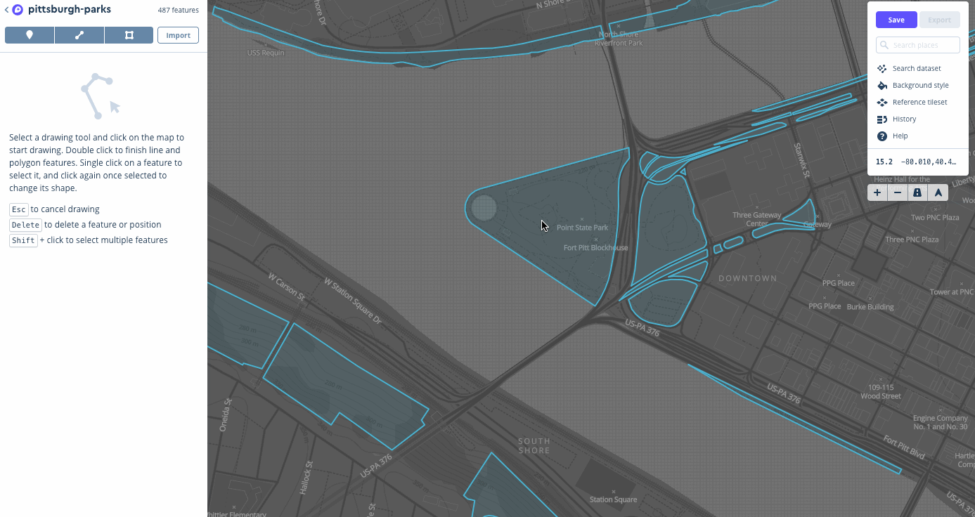 Illustrates how to draw new features using the draw tools, add new data properties to features by clicking the feature on the map and using the '+ Add property' button, and change the map style below your data to a satellite map using the 'Background style' button.