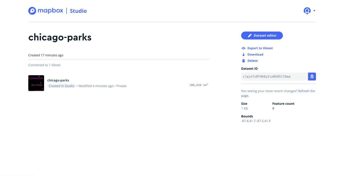 Screenshot of the page in Mapbox Studio that lists detailed information about one dataset including any connected tilesets, the dataset ID, the size, the feature count, and the bounds.