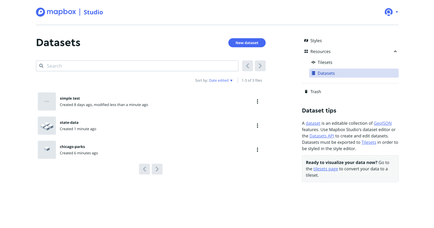 Screenshot of the page in Mapbox Studio that lists all the datasets in your account.
