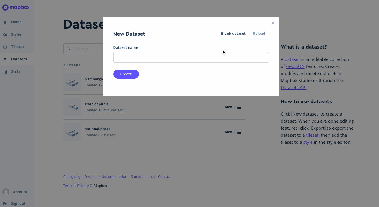 animated gif showing how to upload a dataset in Mapbox Studio